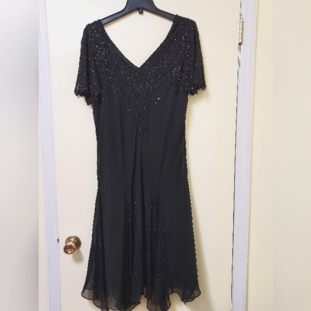 J Kara Plus Dress Beaded Cocktail Midi Dress Black